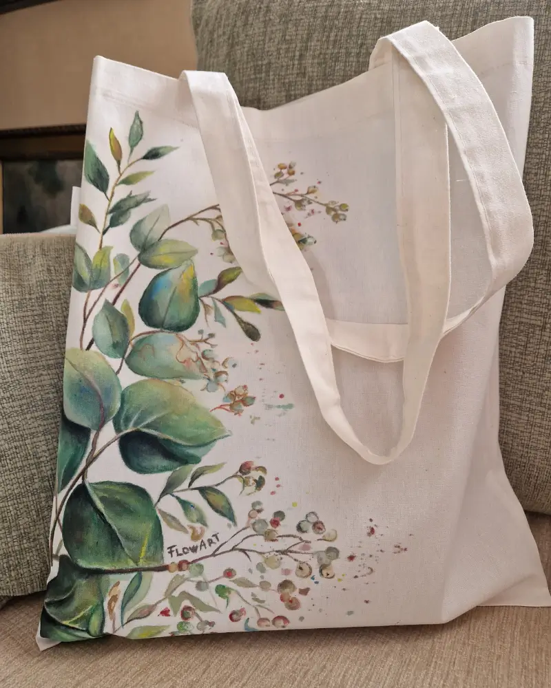 Sacoșă pictată manual „Eucaliptus” – design original Flow Art | Artă de purtat [1]