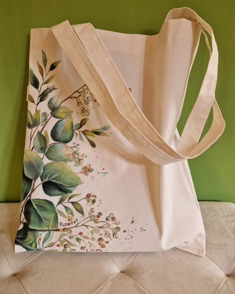 Sacoșă pictată manual „Eucaliptus” – design original Flow Art | Artă de purtat [4]