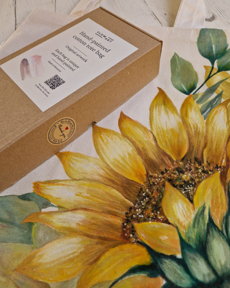 Sacoșă pictată manual cu floarea-soarelui – Flow Art România [3]