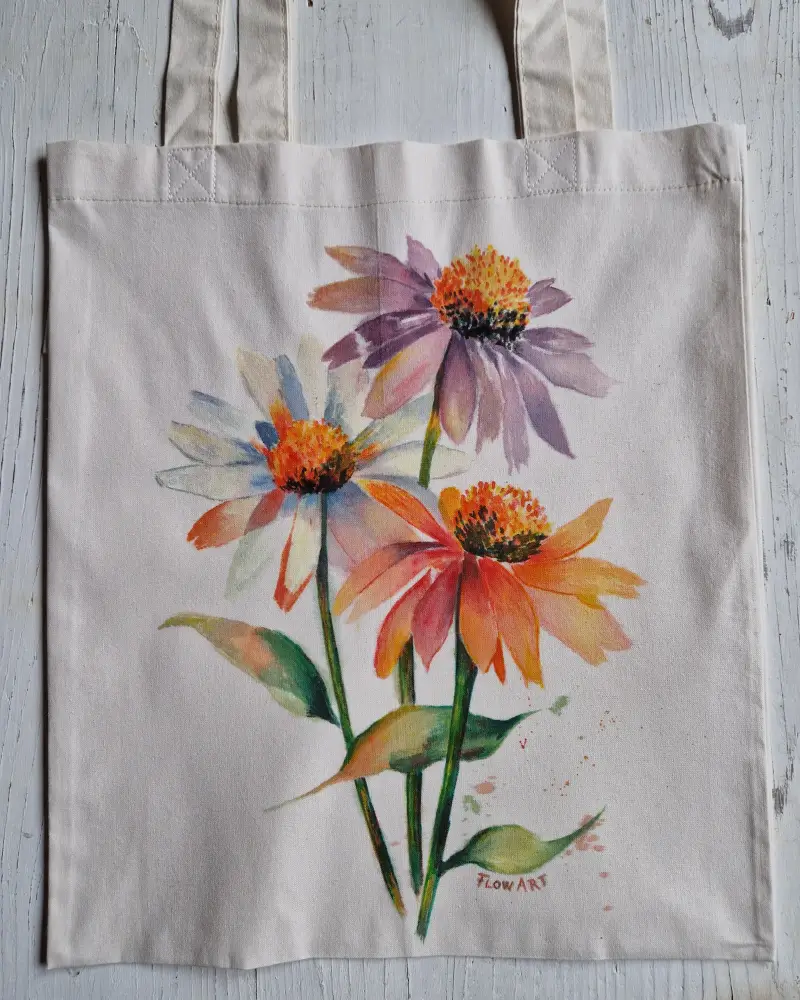 Sacoșă pictată manual cu flori de echinacea în culori calde – design original Flow Art [7]
