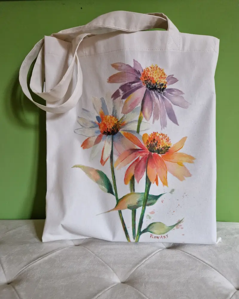 Sacoșă pictată manual cu flori de echinacea în culori calde – design original Flow Art [1]