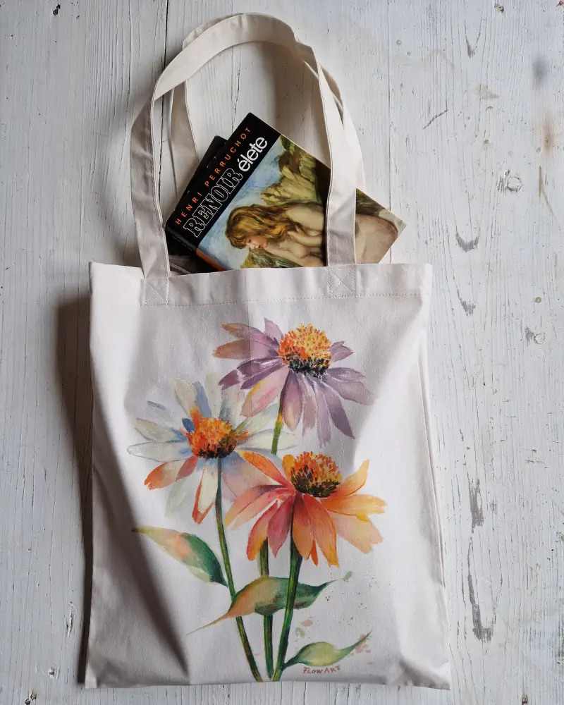 Sacoșă pictată manual cu flori de echinacea în culori calde – design original Flow Art [5]