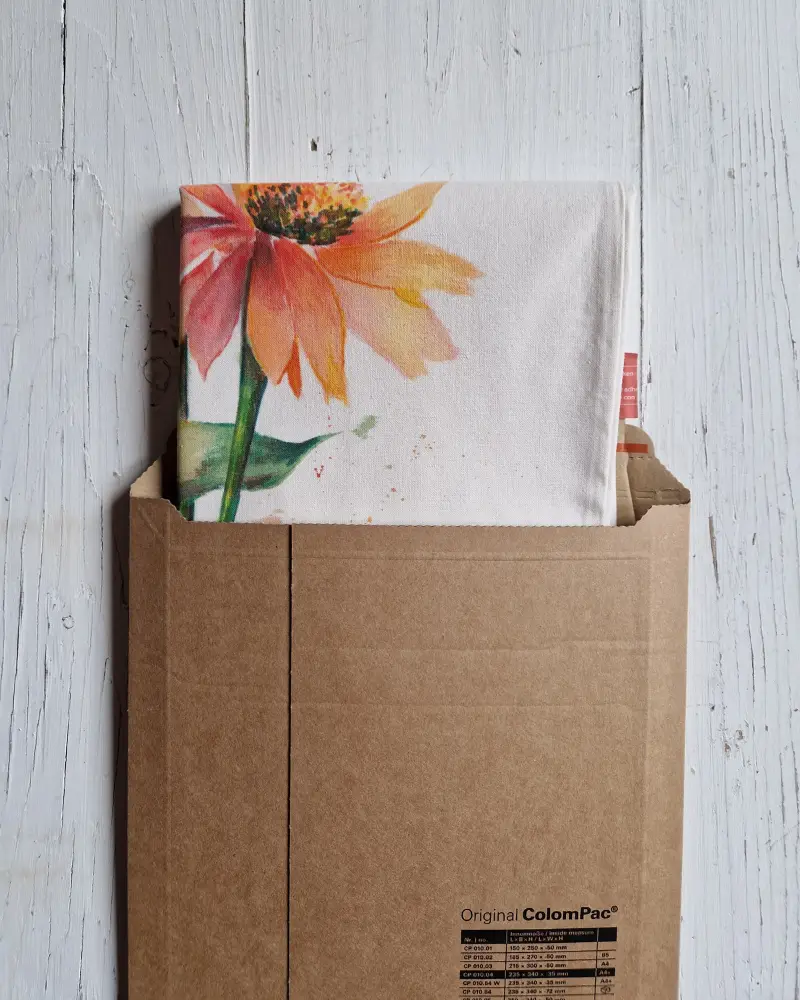 Sacoșă pictată manual cu flori de echinacea în culori calde – design original Flow Art [8]