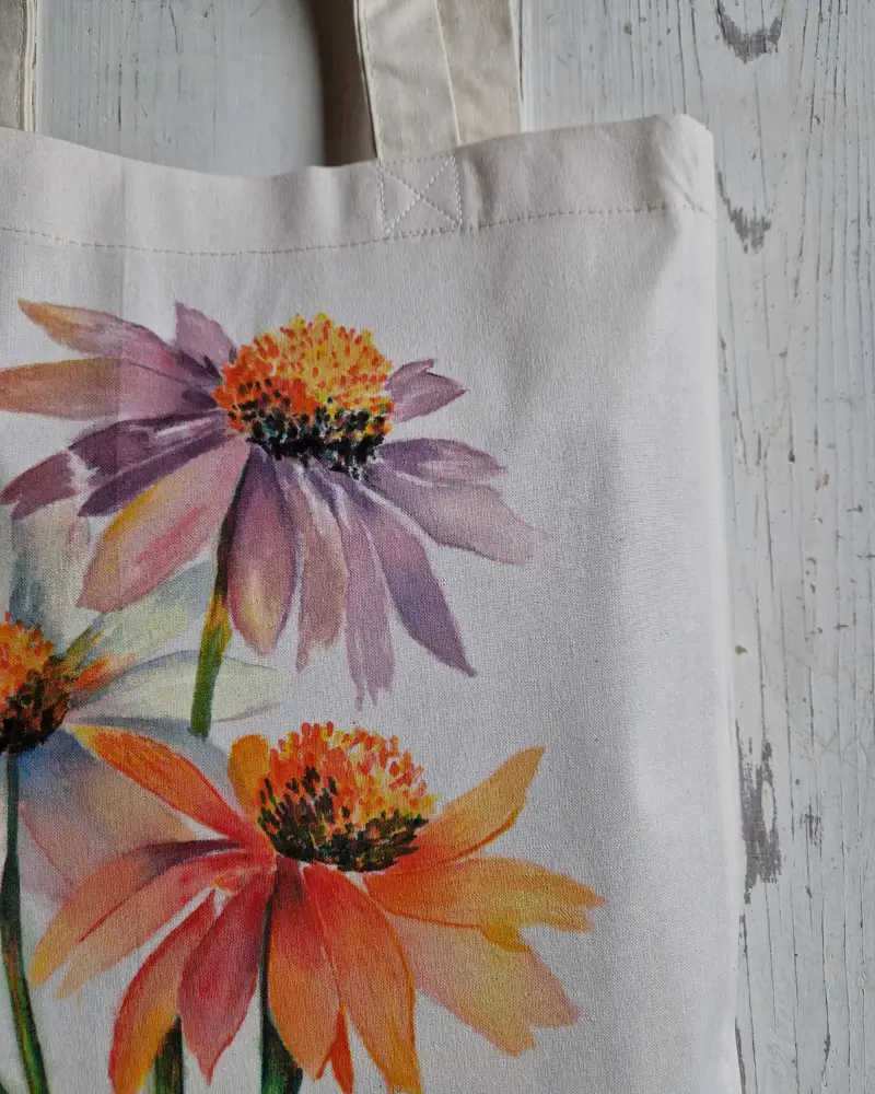 Sacoșă pictată manual cu flori de echinacea în culori calde – design original Flow Art [3]