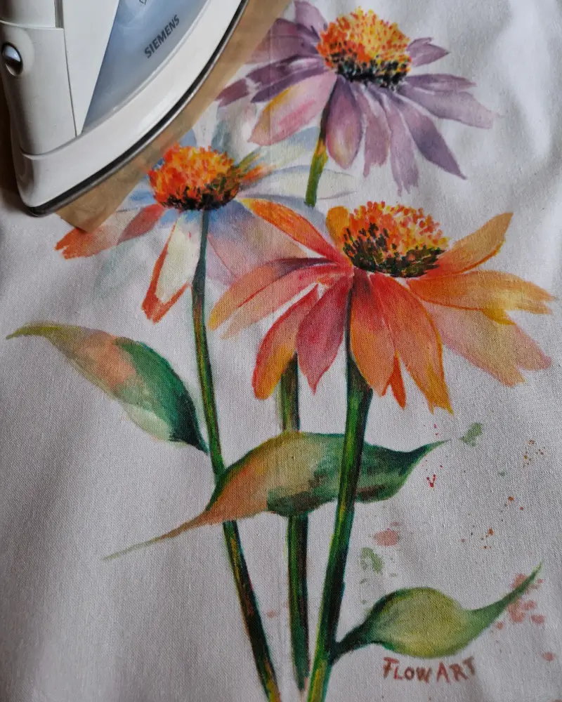 Sacoșă pictată manual cu flori de echinacea în culori calde – design original Flow Art [6]