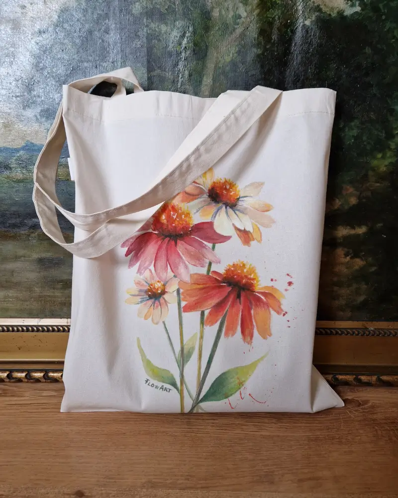 Sacoșă pictată manual cu echinacee – bumbac 100% – Flow Art [1]