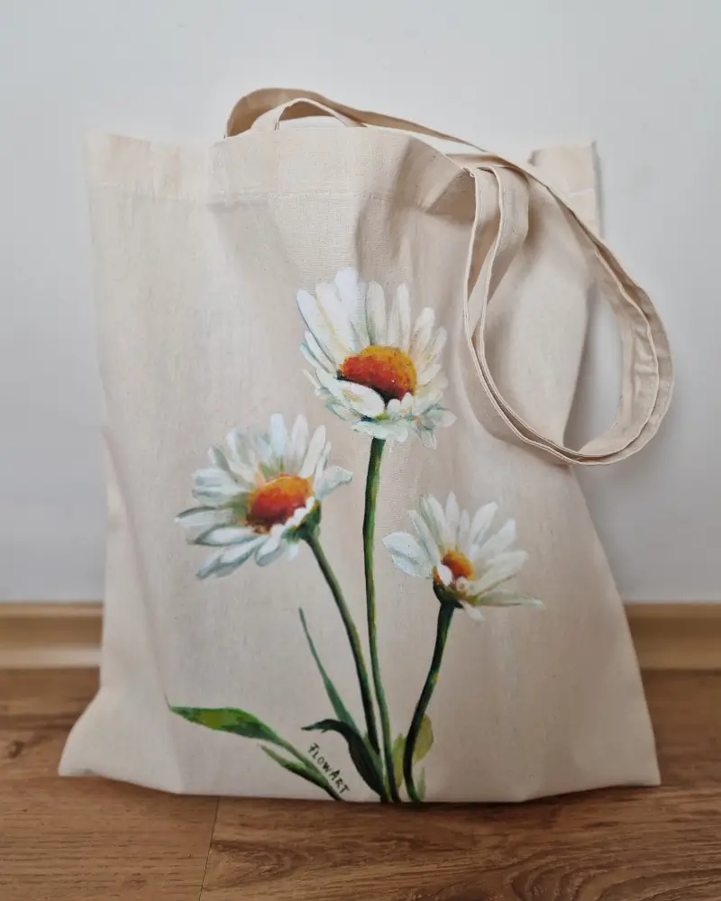 Sacoșă pictată manual cu margarete – bumbac 100% – Flow Art [1]