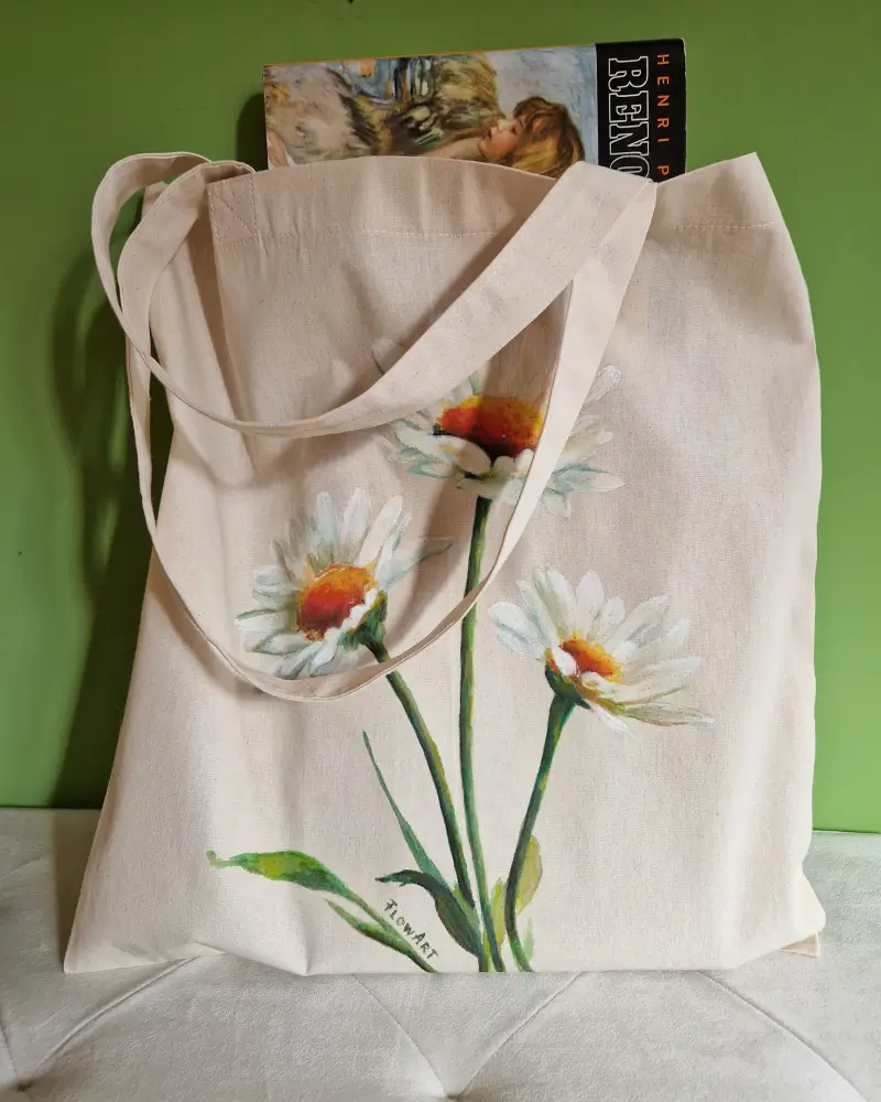 Sacoșă pictată manual cu margarete – bumbac 100% – Flow Art [4]