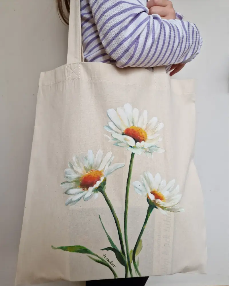 Sacoșă pictată manual cu margarete – bumbac 100% – Flow Art [5]