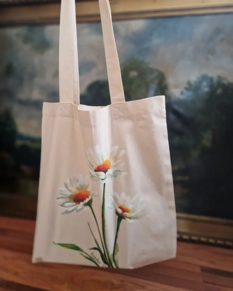 Sacoșă pictată manual cu margarete – bumbac 100% – Flow Art [2]