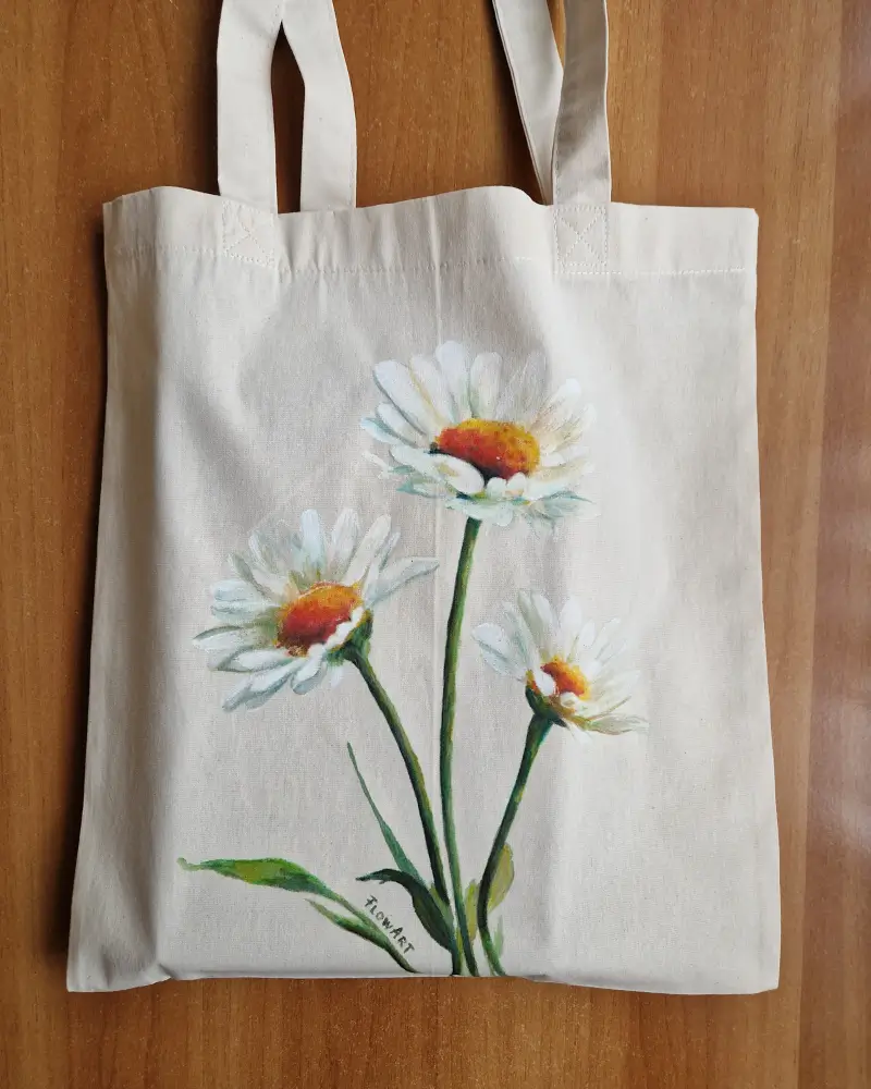 Sacoșă pictată manual cu margarete – bumbac 100% – Flow Art [8]