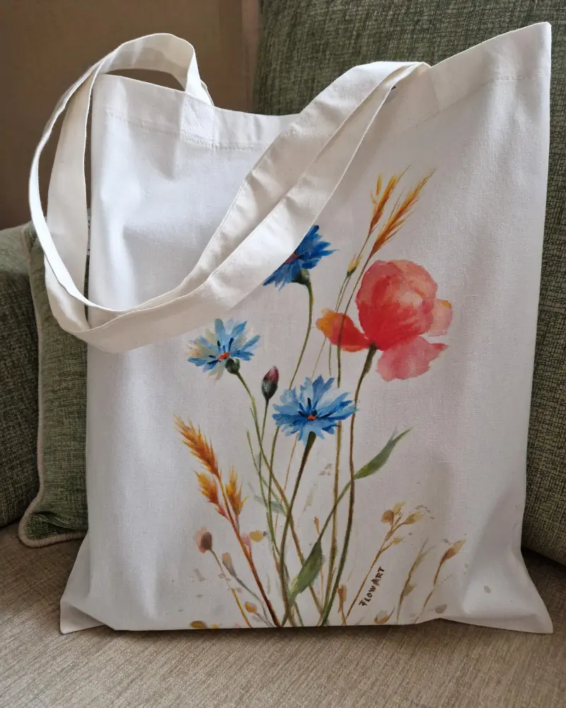 Sacoșă pictată manual cu mac și albăstrele – bumbac 100% – Flow Art [3]