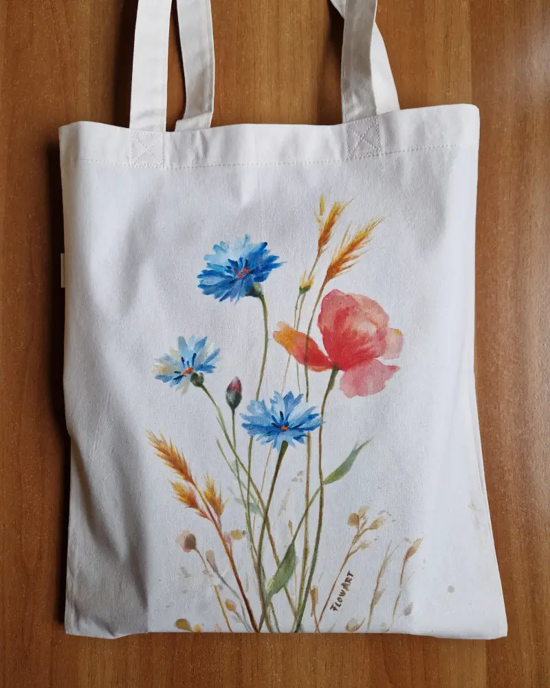 Sacoșă pictată manual cu mac și albăstrele – bumbac 100% – Flow Art [4]