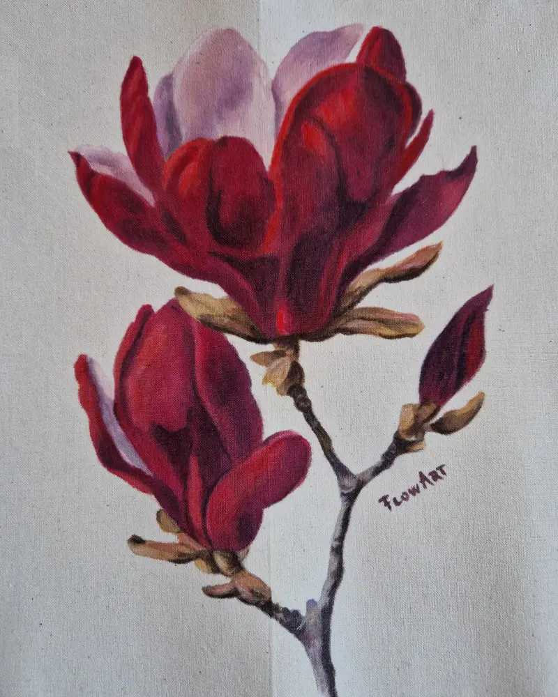 Sacoșă pictată manual cu magnolie roșie – Flow Art [3]