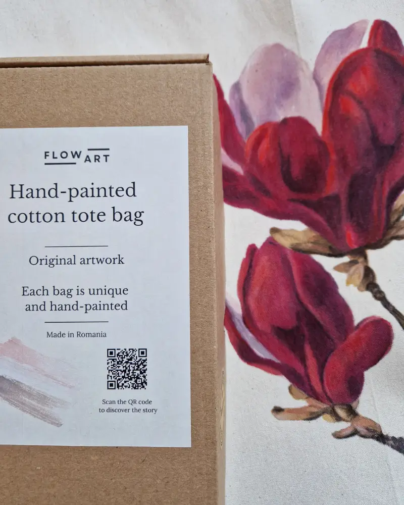 Sacoșă pictată manual cu magnolie roșie – Flow Art [4]
