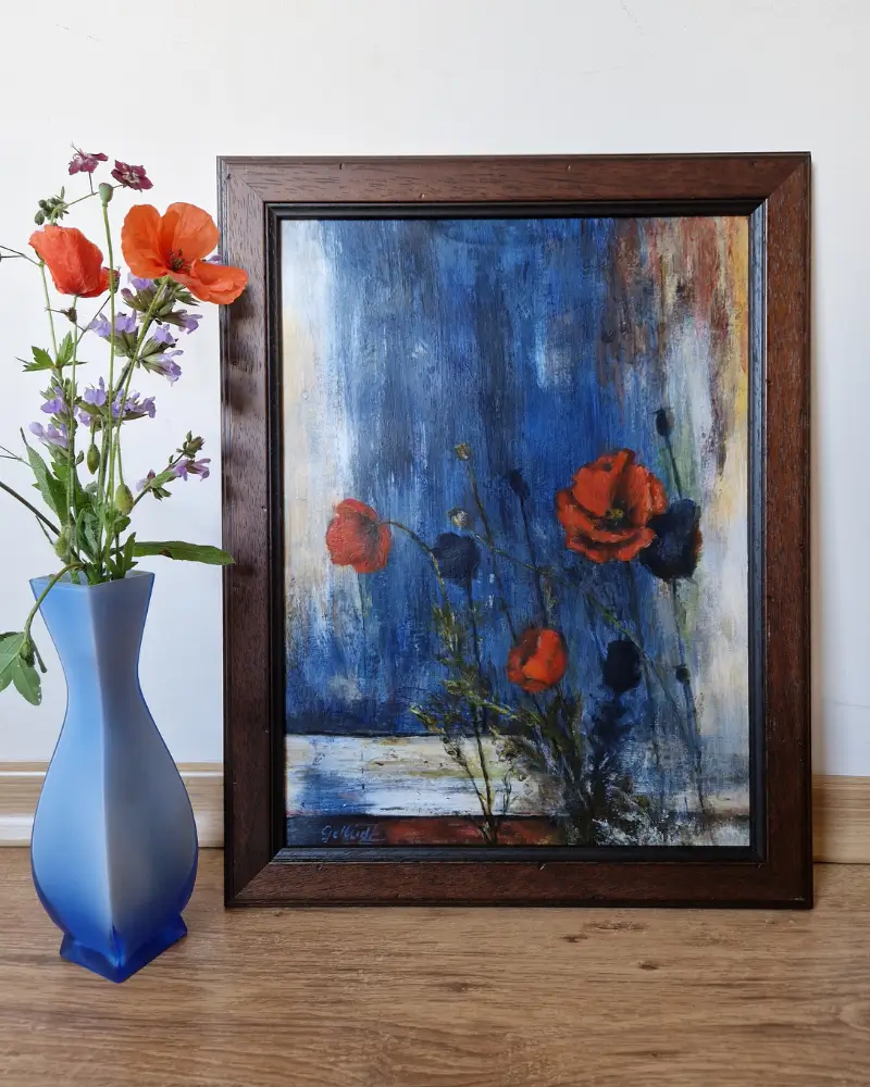 Floral - Tablou original cu maci roșii, pictat manual în acril pe hârtie – Dincolo de vară