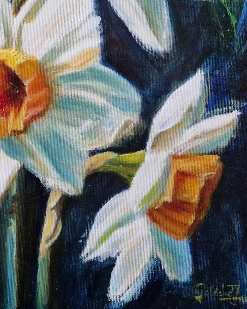 Tablou pictat manual – Narcise – flori albe de primăvară în lumină caldă [2]