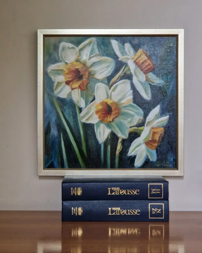 Floral - Tablou pictat manual – Narcise – flori albe de primăvară în lumină caldă