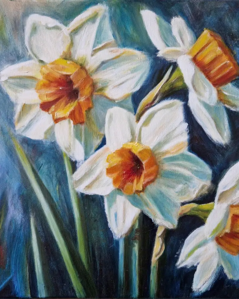 Tablou pictat manual – Narcise – flori albe de primăvară în lumină caldă [1]