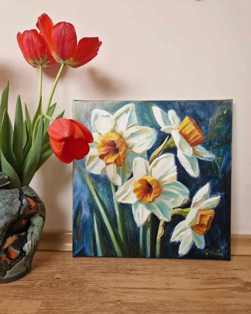 Tablou pictat manual – Narcise – flori albe de primăvară în lumină caldă [4]