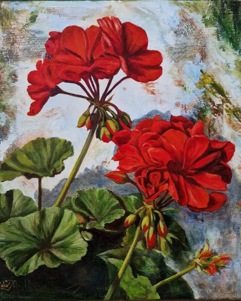 Tablou pictat manual în ulei cu tehnică mixtă – Mușcată [1]