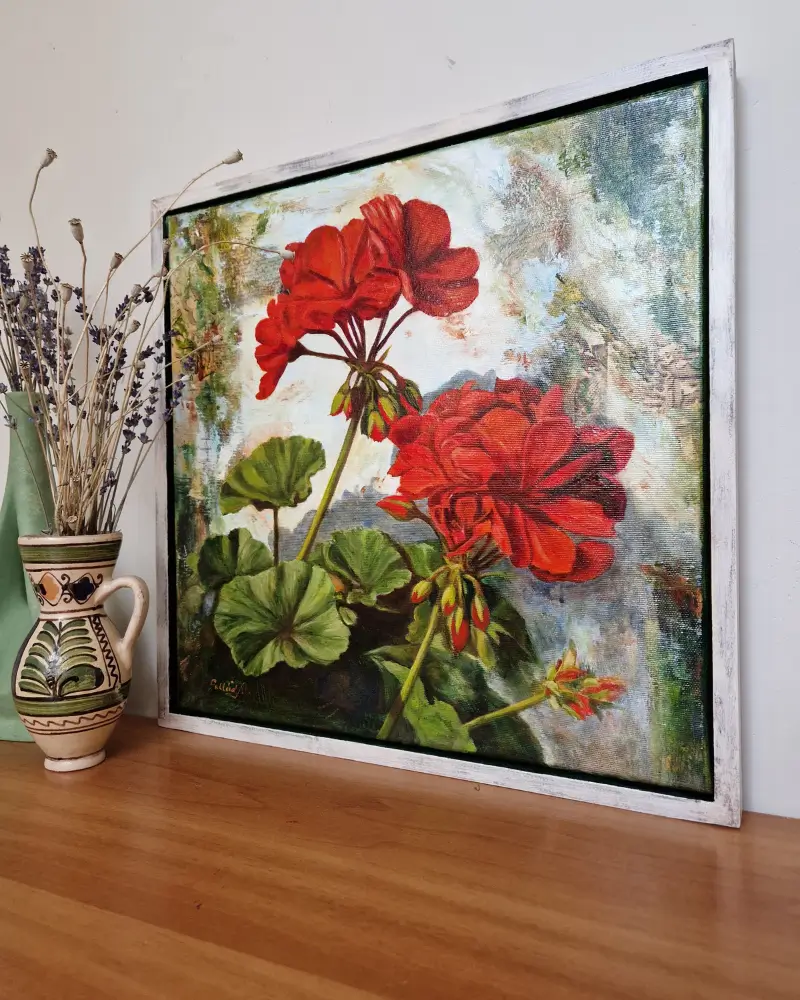 SHOP - Tablou pictat manual în ulei cu tehnică mixtă – Mușcată