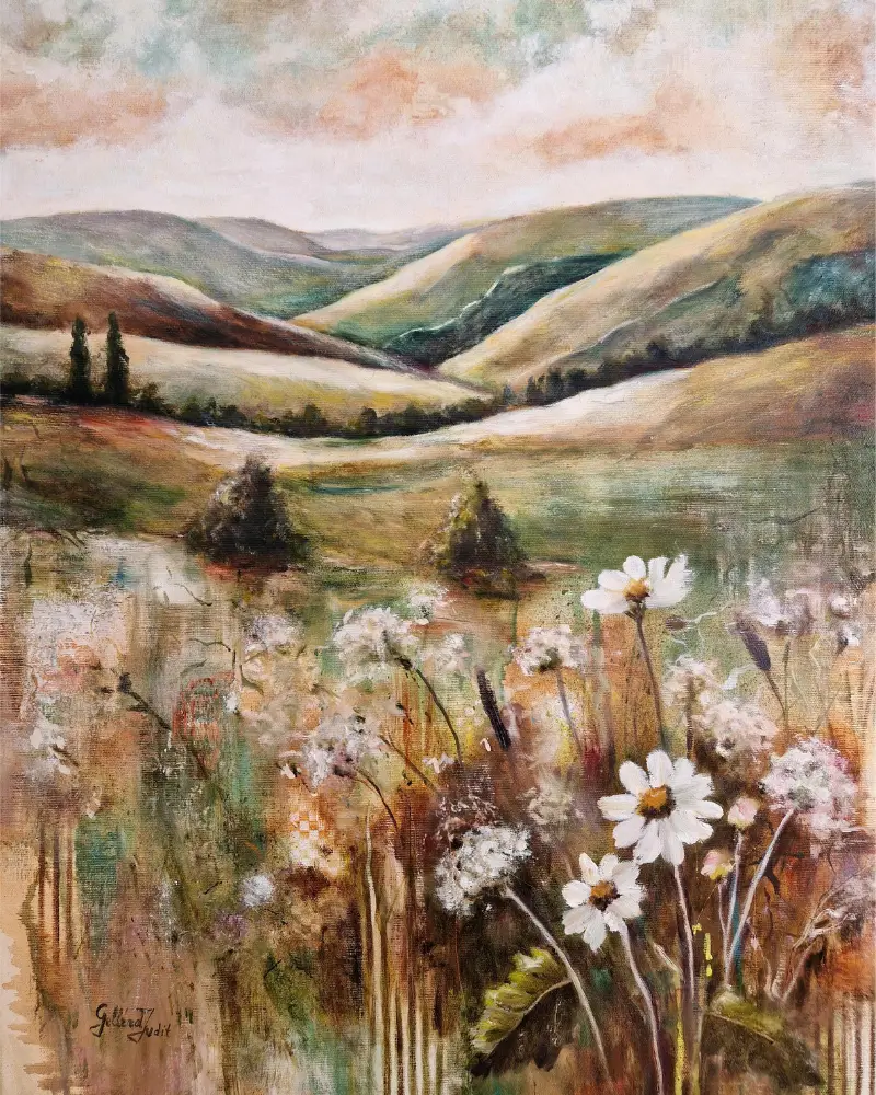 Tablou pictat manual – Grădina sălbatică – flori sălbatice pe fundal de peisaj [1]