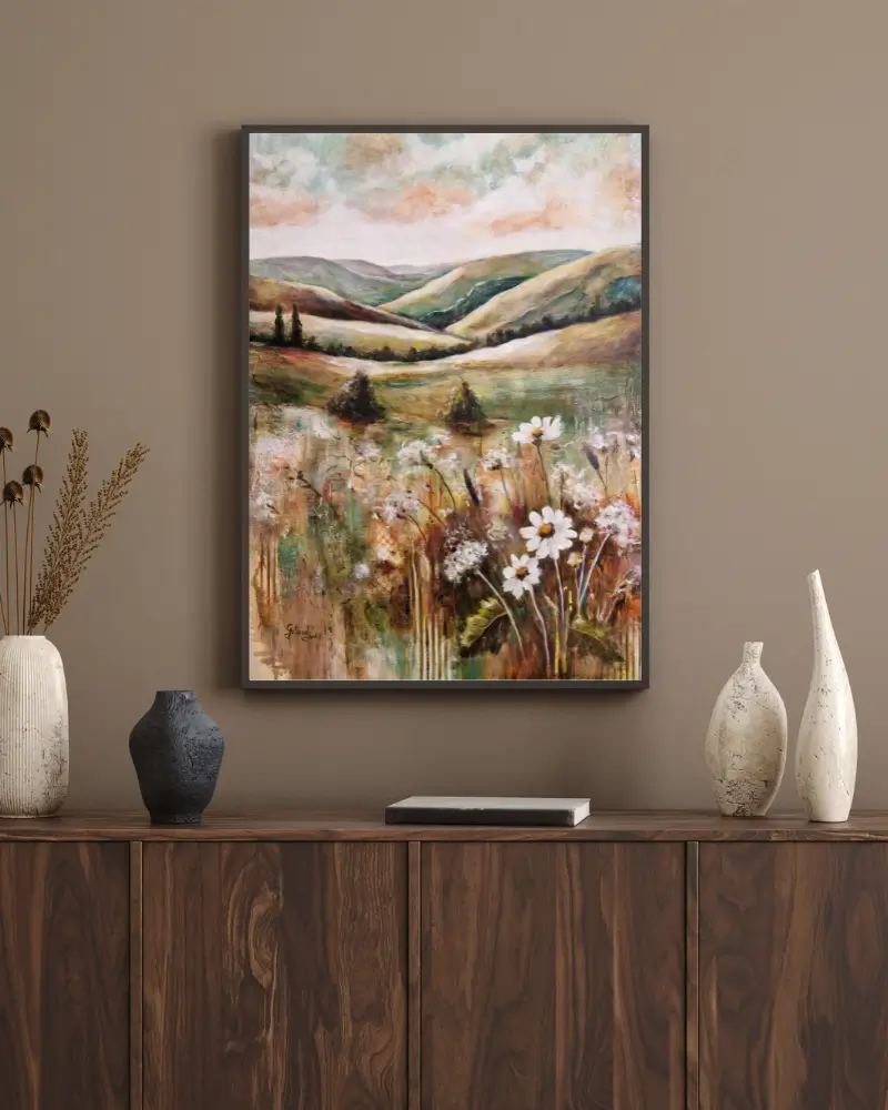 Tablou pictat manual – Grădina sălbatică – flori sălbatice pe fundal de peisaj [0]