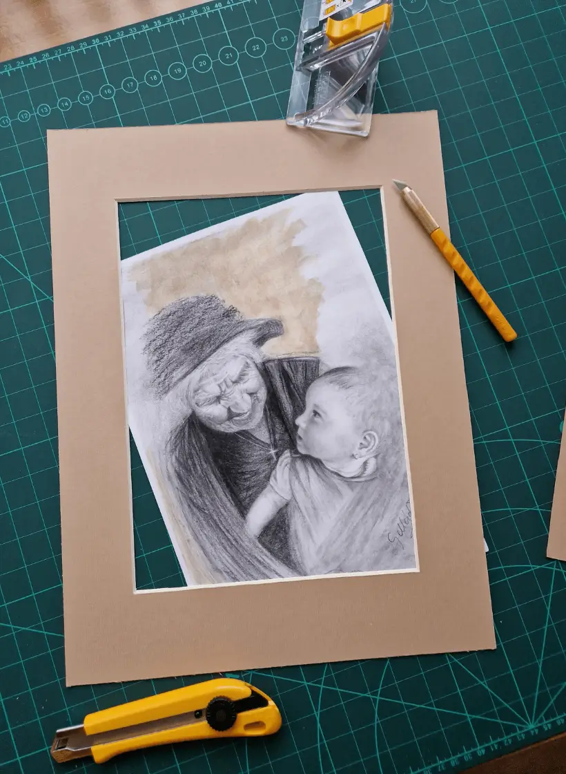 Adio Bunica - Carbune, Acuarelă, Portret Străbunică și Nepoată [2]