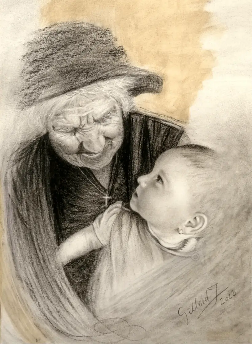 Colecții private - Adio Bunica - Carbune, Acuarelă, Portret Străbunică și Nepoată