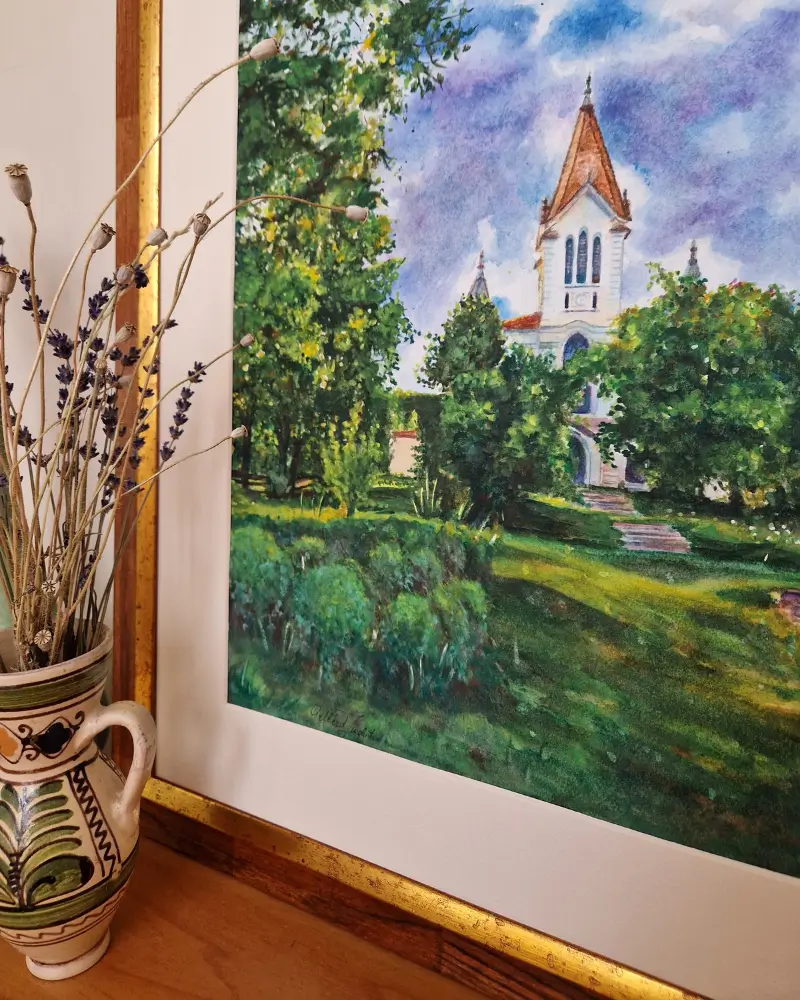 Biserica din Firtănuș – acuarelă originală cu ramă din lemn | Flow Art [5]
