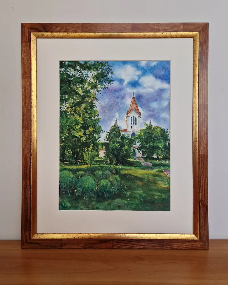 Acuarele - Biserica din Firtănuș – acuarelă originală cu ramă din lemn | Flow Art