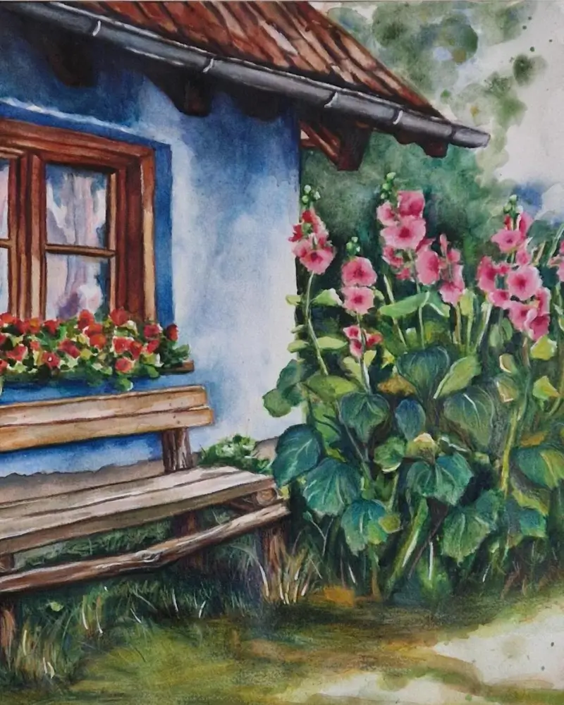 Pictură în acuarelă – Ferestre cu nalbe, design original Flow Art [3]