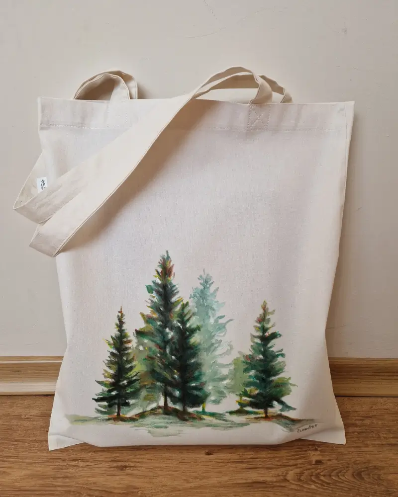 ARTĂ DE PURTAT - Sacoșă pictată manual cu brazi – design original Flow Art