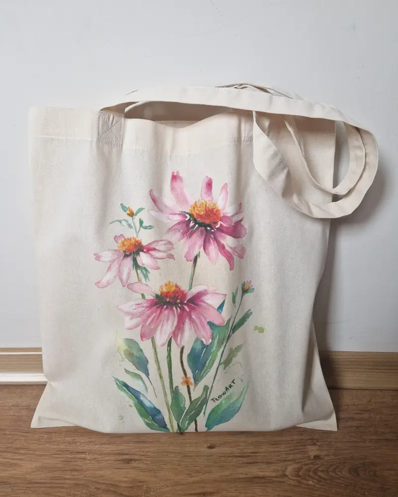 ARTĂ DE PURTAT - sacosa pictata manual cu flori roz