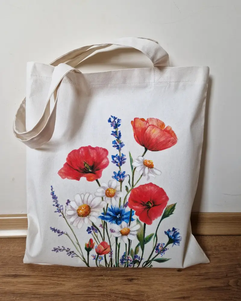 ARTĂ DE PURTAT - Sacoșă pictată manual cu flori de câmp – Culori de câmp
