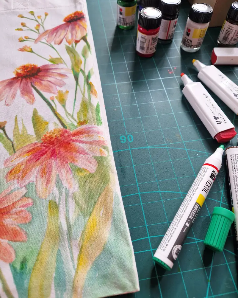 Sacoșă pictată manual cu flori de echinacea – design original Flow Art [7]