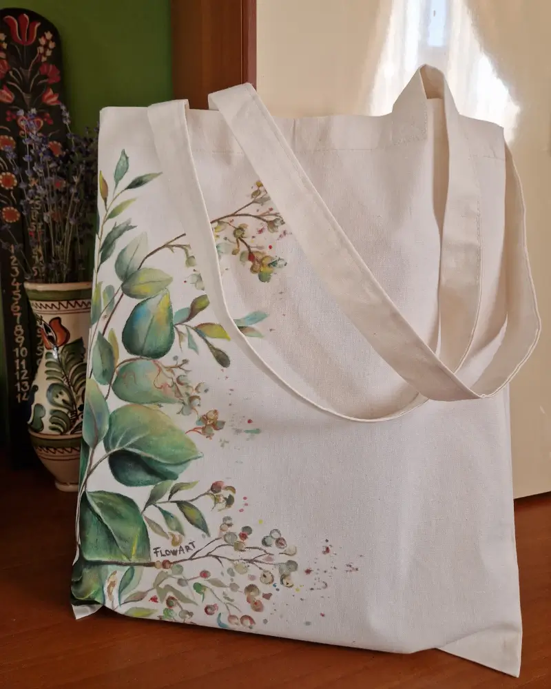Sacoșă pictată manual „Eucaliptus” – design original Flow Art | Artă de purtat [2]