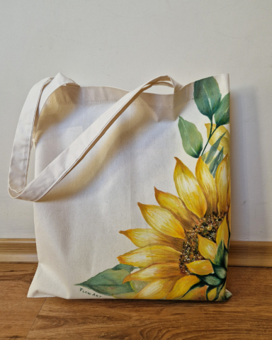 ARTĂ DE PURTAT - Sacoșă pictată manual cu floarea-soarelui – Flow Art România