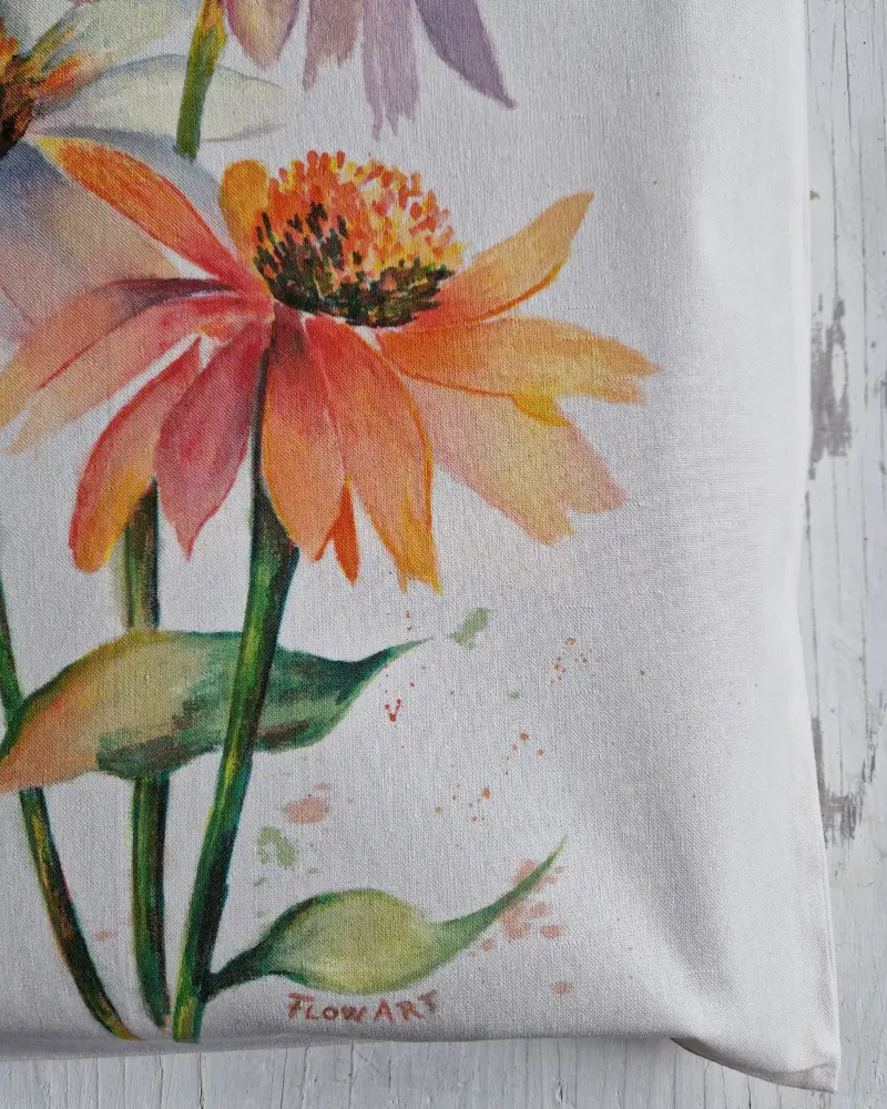Sacoșă pictată manual cu flori de echinacea în culori calde – design original Flow Art [1]