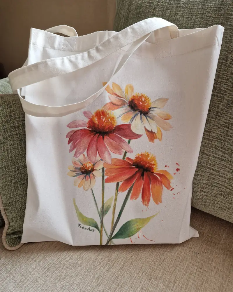 Sacoșă pictată manual cu echinacee – bumbac 100% – Flow Art [1]