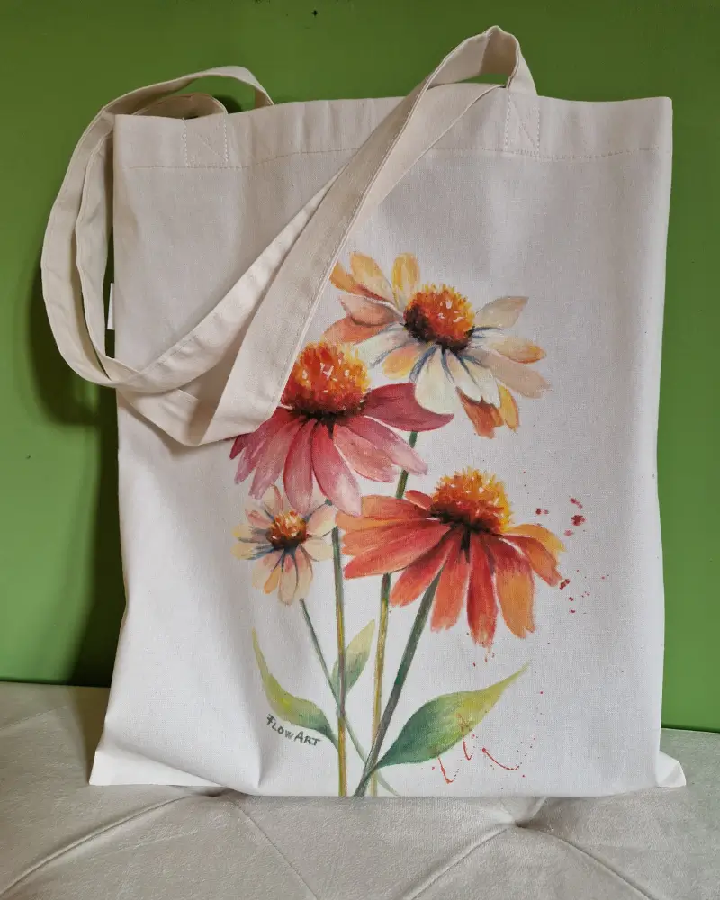 Sacoșă pictată manual cu echinacee – bumbac 100% – Flow Art [3]
