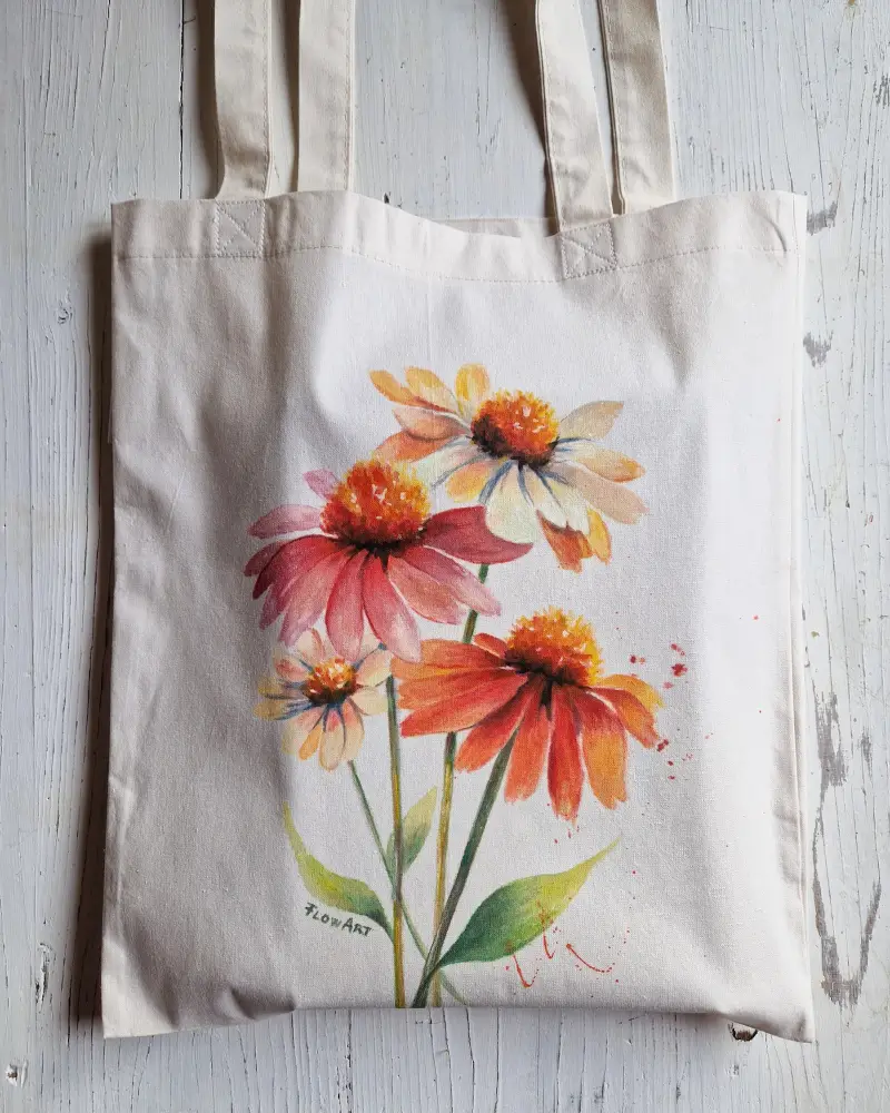 Sacoșă pictată manual cu echinacee – bumbac 100% – Flow Art [4]