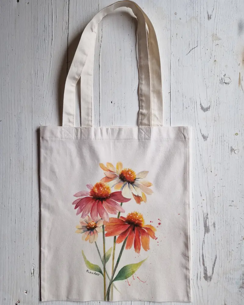 Sacoșă pictată manual cu echinacee – bumbac 100% – Flow Art [5]