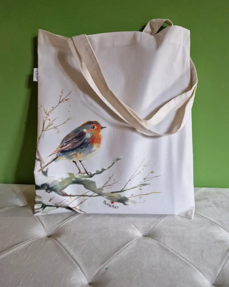 ARTĂ DE PURTAT - Sacoșă pictată manual cu măcăleandru – design original Flow Art