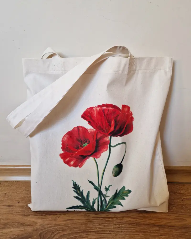 ARTĂ DE PURTAT - Sacoșă pictată manual – “Maci în lumină” | Accesoriu unicat, fabricat în România