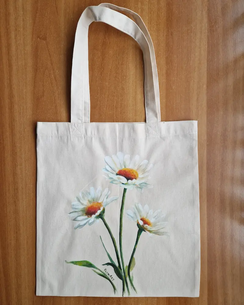 Sacoșă pictată manual cu margarete – bumbac 100% – Flow Art [6]