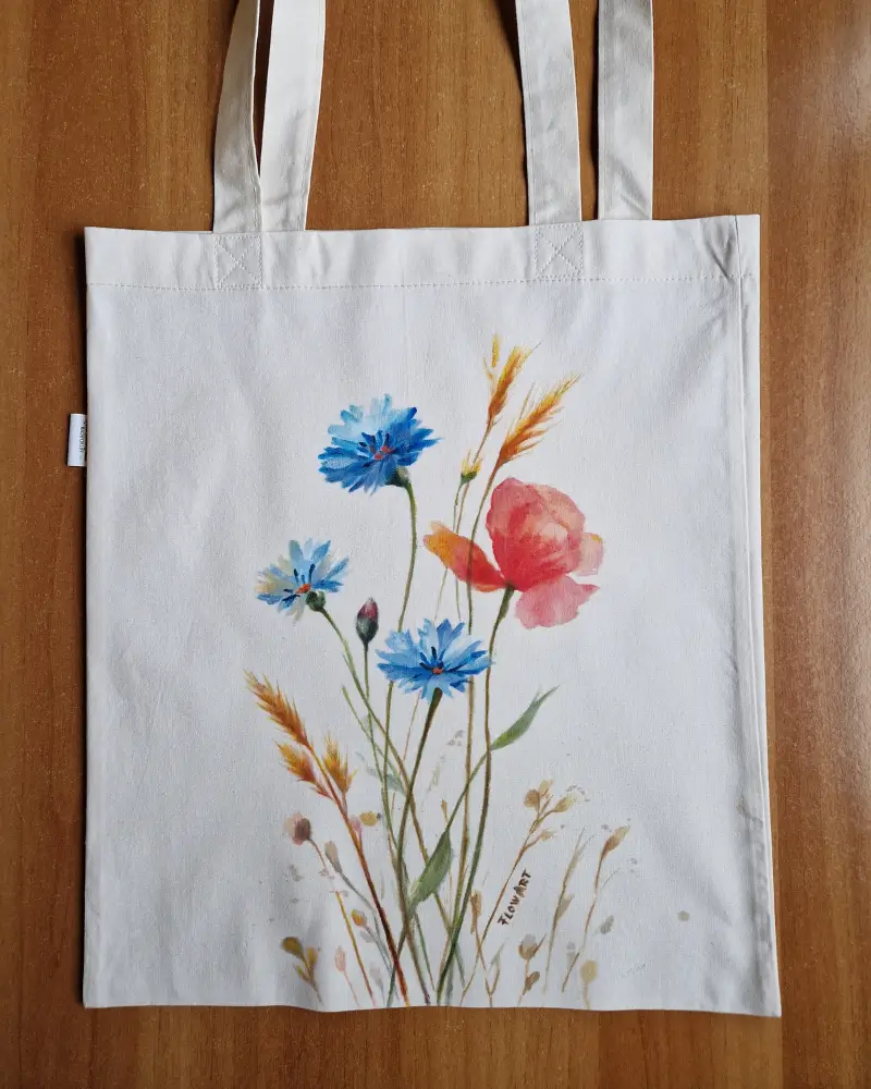 Sacoșă pictată manual cu mac și albăstrele – bumbac 100% – Flow Art [5]