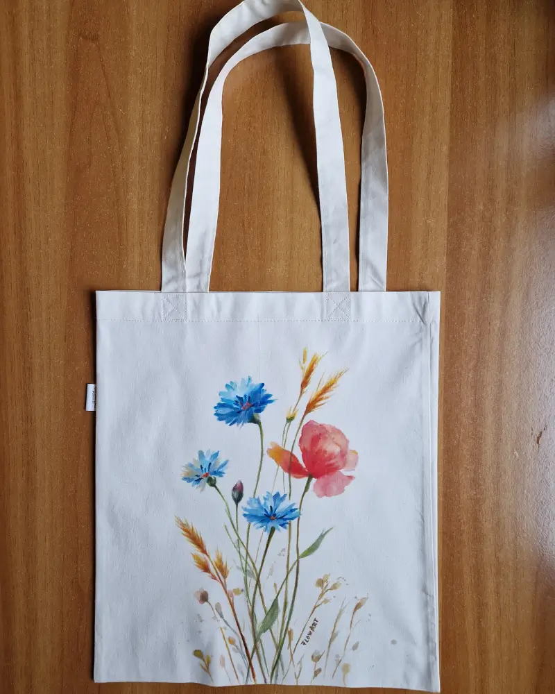 Sacoșă pictată manual cu mac și albăstrele – bumbac 100% – Flow Art [4]