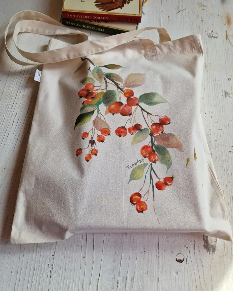 Sacoșă pictată manual cu păducel – design original Flow Art [3]